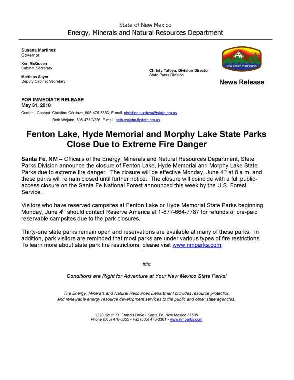 Fenton Lake, Hyde Memorial and Morphy Lake State Parks Closed Effective 4 Jun