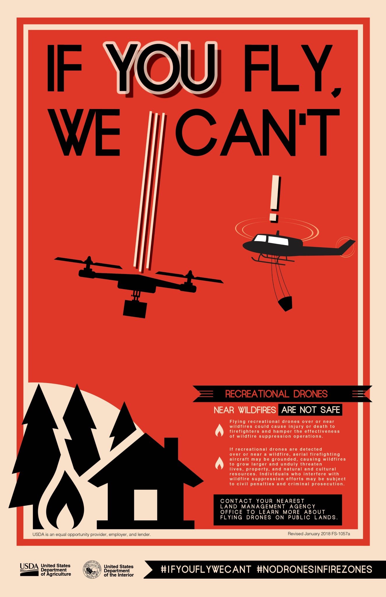 Poster of a drone and a helicopter dropping water on a house on fire in a near mid-air collision