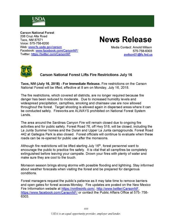 071618_Carson National Forest Lifts Fire Restrictions