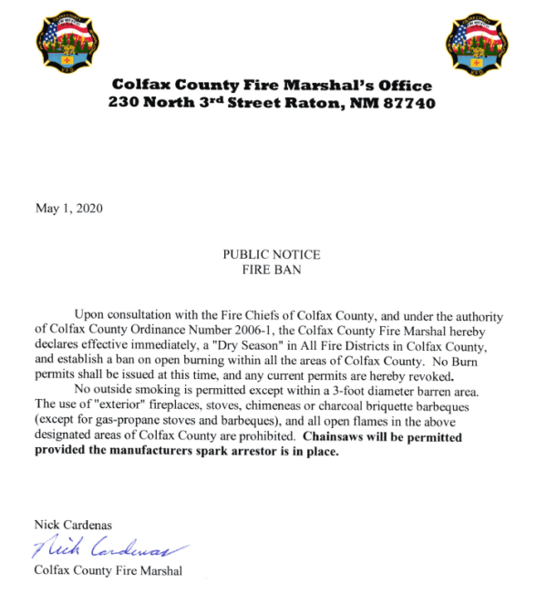 Colfax County Burn Ban 04.30.20