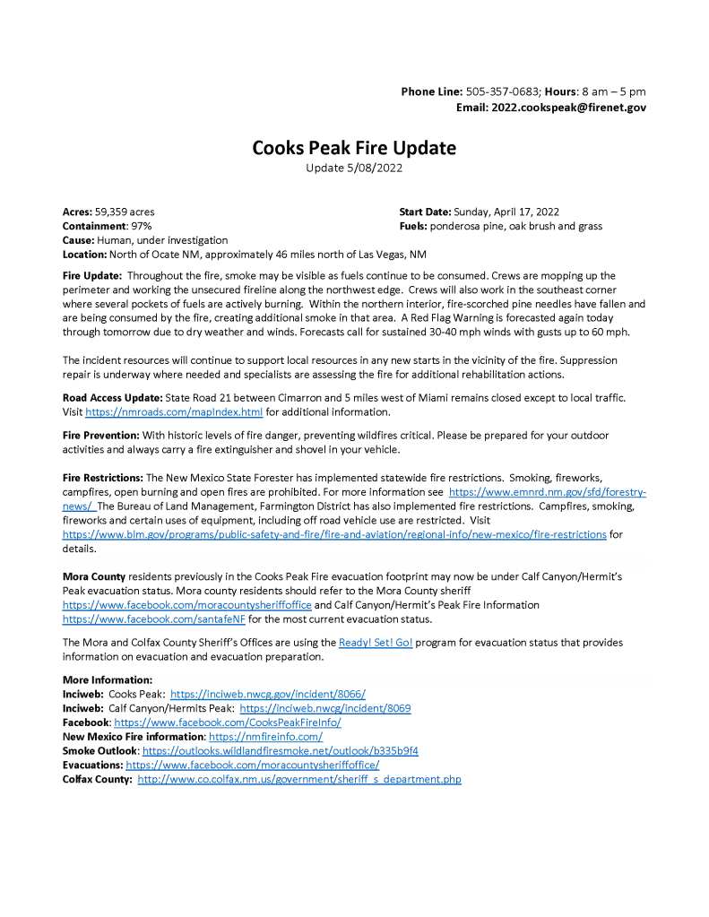 Graphic contains snapshot of the blogspot text for the Cooks Peak Fire Update.