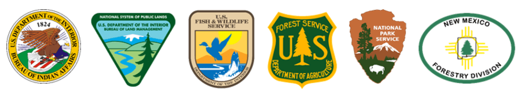 Logos of the US Dept. of Interior Bureau of Indian Affairs, Bureau of Land Management, U.S. Fish and Wildlife Service, National Park Service, and the USDA Forest Service, and New Mexico Division of Forestry