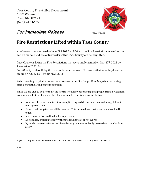  Taos County Lifting Fire Restrictions Effective June 29, 2022NM Fire Info