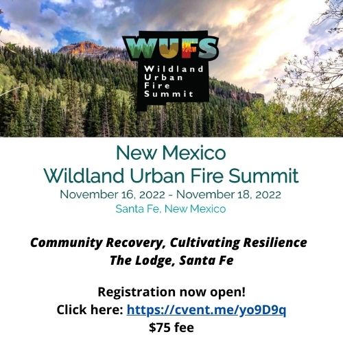 Graphic linked to registration for New Mexico Wildland Urban Fire Summit, Nov. 16-18, 2022, in Santa Fe.