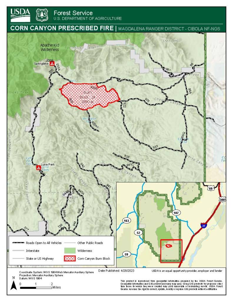 Map of Magdalena Ranger District: Corn Canyon Prescribed Fire: 1,890 acres of Unit 2A in the vicinity of Corn Canyon along FSR 225. 