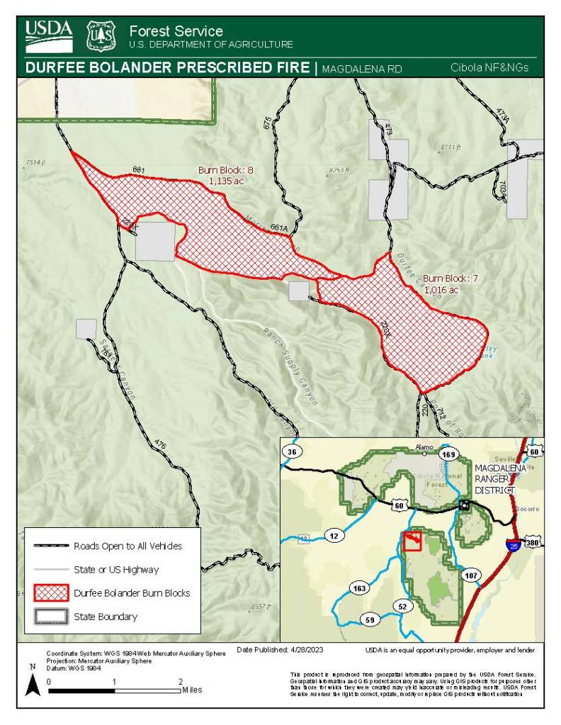 Map for Magdalena Ranger District: Durfee Bolander RX Fire: 2,151 acres on Unit 7 & 8 in the vicinity of Durfee and Bolander Canyon along FSR 476, FSR 220, 661A and 220X. 