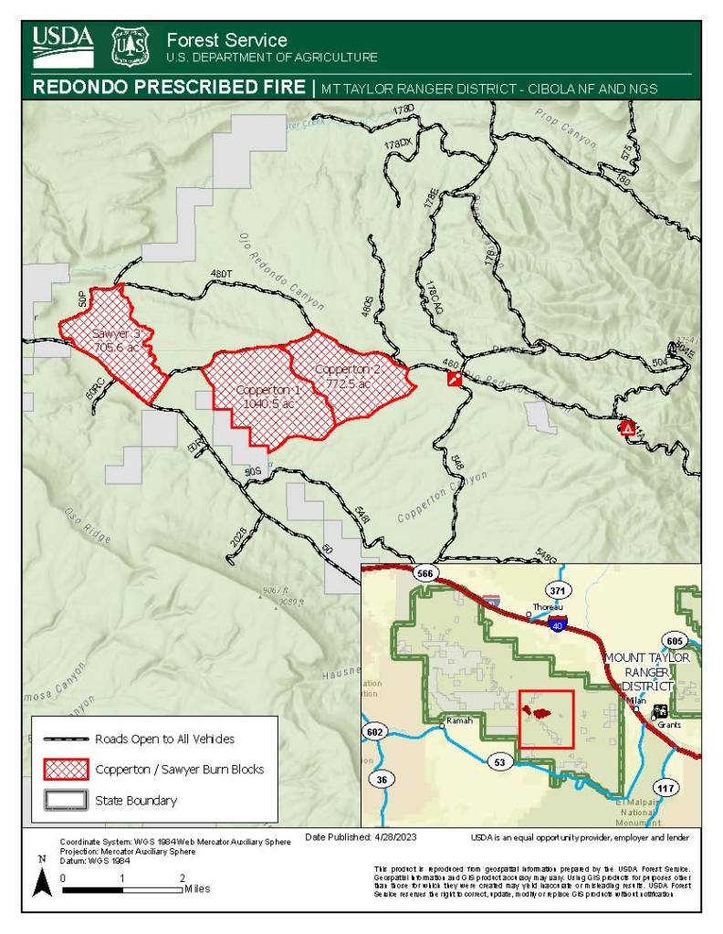 Map for Mount Taylor Ranger District: Redondo RX Fire - Copperton/Sawyer Blocks: 1,812 acres on the Copperton and 705 acres on the Sawyer units located 3 miles west of Post Office Flats on Forest Road (FR) 480 in the Zuni Mountains. 