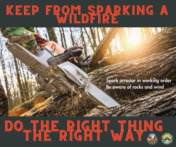 Image of chainsaw cutting wood and message: Keep from sparking a wildfire; do the right thing, the right way! Keep your spark arrester on chainsaw in working order and be aware of rocks. Avoid operating on when windy.