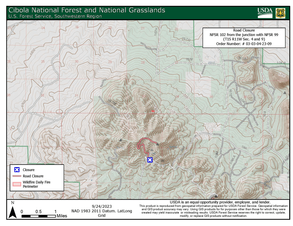 Map for The Cibola National Forest and National Grasslands (NF&NGs) road closure order (03-03-04-23-09) for National Forest System Road (NFSR) 102 from the junction with NFSR 99 (T1S R11W Sec. 4 and 9) on the Mountainair Ranger District of the Cibola NF&NGs