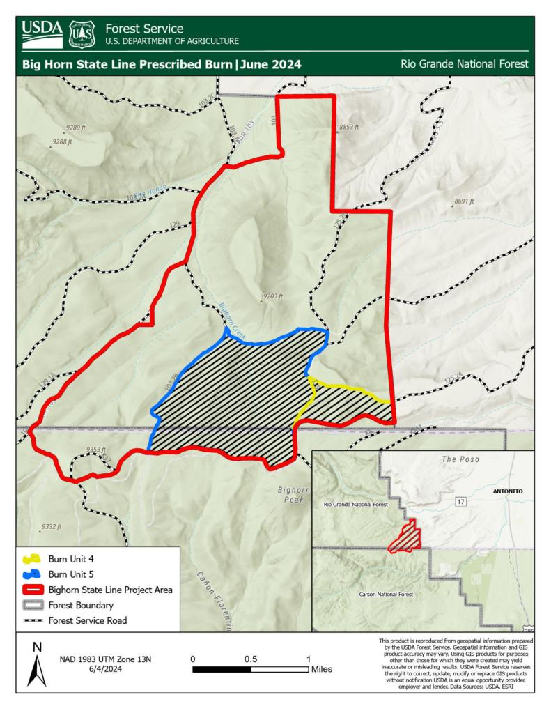 A map of the area of the prescribed fire on the border of Colorado and New Mexico.