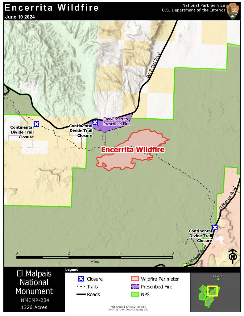 A map showing the location of the Encerrito Fire in El Malpais National Monument. 