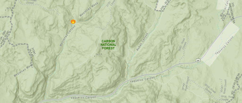Topographic map showing the fire origin point in relation to Highway 64.
