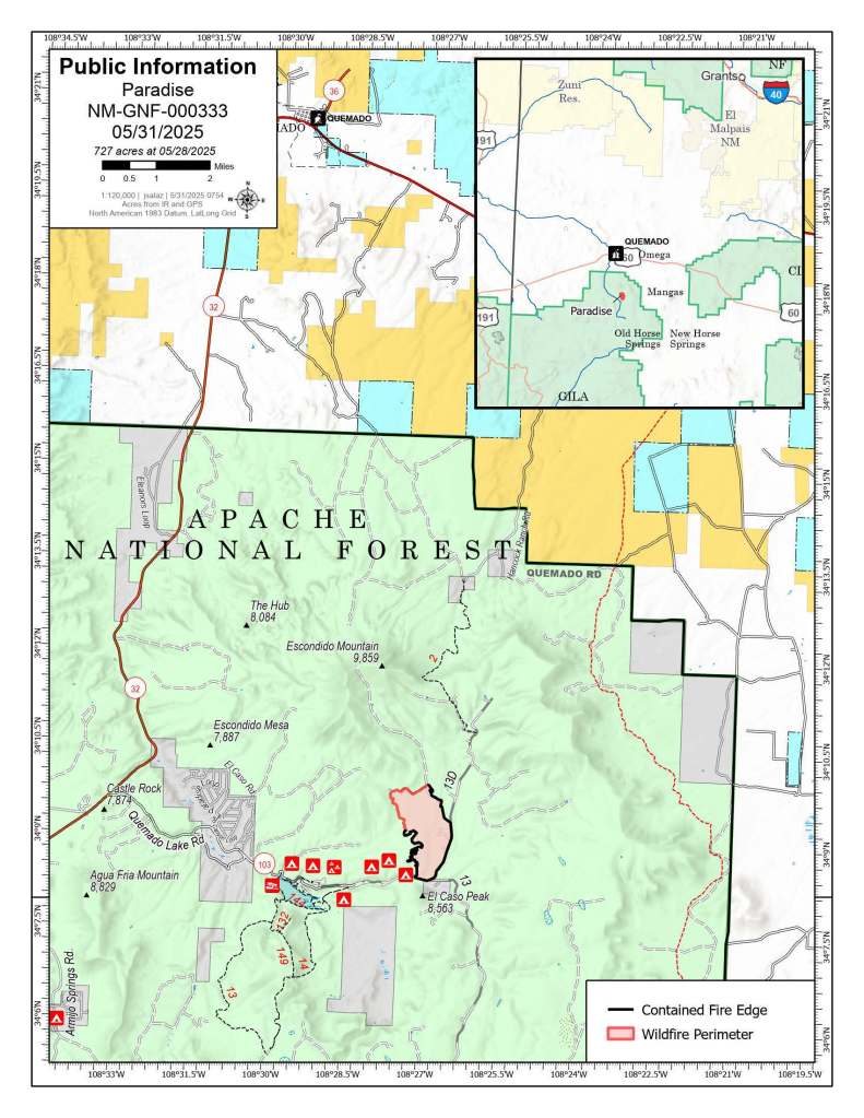 Image shows the Spanish translation of the May 31st update on the Paradise Fire. It reads: 
Gila Las Cruces Equipo para el Manejo de Incidentes Tipo 3
DUSTIN ROPER – COMANDANTE DEL INCIDENTE

Noticias de última hora:
Notificación para la seguridad del público y la salud.

Comunicado de prensa – sábado, 31 de mayo del 2025
Incendio Paradise – 74% contenido

Extensión: 727 acres	Fecha de Inicio: lunes, mayo 26, 2025
Localizado: 13 millas al Sur de Quemado, NM	Personal: 127
Contención 74%	Causa: Humana – bajo investigación
Resumen de lo acaecido: El Incendio Paradise actualmente se encuentra contenido a un 74%. Este mañana, el comandante del Incidente, Marcus Cornwell, transfirió el mando del Equipo para el Manejo de Incidentes Tipo 3 de Gila Las Cruces al Señor Dustin Roper. El fuego está localizado al Norte de Quemado Lake y se mantiene a 727 acres. Las escuadrillas están patrullando y vigilando las líneas construidas a mano y con la ayuda de buldócer y también las carreteras, simultáneamente trabajando en la contención y limpieza del fuego. Han observado fuego latente y arrastrándose sobre el terreno, junto con llamas aislados en los focos interiores. Un sistema aéreo automatizado (drones) que sobrevuela el perímetro del incendio también ayuda a los recursos sobre el terreno a identificar -y, en última instancia, a enfriar- las zonas de emanación de calor. Hoy se continuará la trituración del material de combustión (lena) que fue retirado de la línea de contención a principios de esta semana. Las virutas se esparcen ligeramente por el suelo. Esta labor apoya los esfuerzos de supresión mediante la eliminación del material de combustión interna y sobre la superficie los cuales podrían propagar el fuego. Otros trabajos de reparación incluyen el limpiar la maquinaria para estar listos en caso de que se den futuros incendios forestales con el objetivo de beneficiar a la vida silvestre y los pastos naturales. La prioridad es proteger los valores en riesgo, incluyendo la propiedad privada / residencias, Socorro Electric Powerline, la infraestructura, el área de recreación de Quemado Lake y los sitios que conservan los recursos culturales de la comunidad. El Equipo para el Manejo de Incidentes Tipo 3 de Gila Las Cruces, se encuentra disponible para llevar a cabo ataques iniciales en cualquier ignición nueva de incendio que pudiera darse como resultado de las tormentas y relámpagos en seco. Así mismo, los recursos de aviación están a la disposición en caso de ser necesario.
Condiciones climáticas: El día de hoy, las temperaturas alcanzaran los 80 grados y existe un 20% de posibilidad de tormentas después de las 3 de la tarde. Se incrementan las posibilidades de lluvia a un 50% el domingo y en un 70% al anochecer del lunes.
Orden de Cierres: La zona de Quemado Lake se encuentra cerrada para el uso público con el objetivo de proteger la vida de los bomberos y de la comunidad.
Seguridad: Se encuentra vigente una Restricción de vuelo temporal (TFR) sobre la zona del incendio. El uso no autorizado de drones representa un grave riesgo para las operaciones aéreas sobre el área del incendio. Si usted vuela, nosotros no podemos.
Condiciones del humo: En los últimos días, la calidad del aire en la localidad se califica se desplaza entre “bueno” a “moderado”. Visite: https://fire.airnow.gov/.
Restricciones en el Incendio: Se encuentra vigente el Nivel 2 de Restricción de Incendio en el Bosque Nacional de Gila. Para información detallada, visite: https://www.fs.usda.gov/r03/gila/alerts/stage-2-fire-restrictions.
Oficial de Información Pública: Email Maribeth.Pecotte@usda.gov o 575-388-8211, 8am - 8pm 
Datos del Incidente: https://inciweb.wildfire.gov/incident-information/nmgnf-paradise-fire  
Facebook: www.facebook.com/GilaNForest

