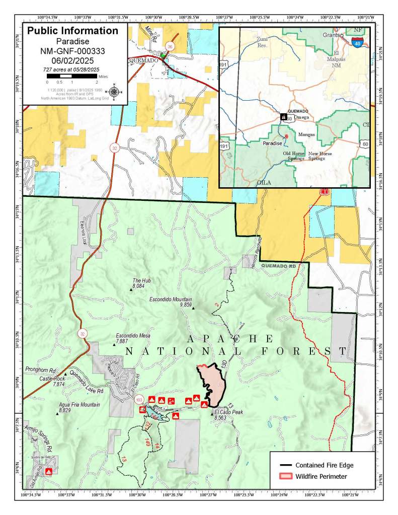 Picture of a map including Quemado Lake and Quemado, New Mexico. A small red patch indicates the perimeter of a wildfire, while the black line shows where the wildfire is contained.