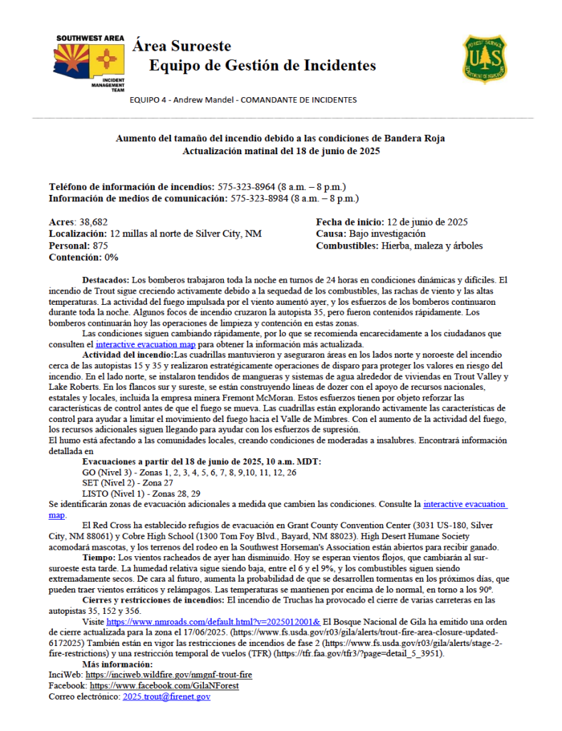 black text on a white background reads: Vientos cambiantes empujan el fuego en nuevas direcciones
Actualización de la tarde del 18 de junio de 2025
Teléfono de información de incendios: 575-323-8964 (8 a.m. – 8 p.m.)
Información de medios de comunicación: 575-323-8984 (8 a.m. – 8 p.m.)
Acres: 38,682 Fecha de inicio: 12 de junio de 2025
Localización: 12 millas al norte de Silver City, NM Causa: Bajo investigación
Personal: 1056 Combustibles: Hierba, maleza y árboles
Contención: 0%
Destacados: Por la mañana, los vientos cambiantes empujaron el fuego hacia el norte en dirección a la autopista 15 y 35, poniendo a prueba los esfuerzos estratégicos de extinción de los últimos días en la zona del Lake Roberts. Por la tarde, los bomberos experimentaron una mayor actividad a lo largo del lado sur del fuego en las áreas de Signal Peak y Bear Canyon, con el fuego empujando casi una milla al sur cerca de Signal Peak. Los bomberos sobre el terreno contaron con el apoyo de recursos aéreos utilizando dos grandes aviones cisterna, seis helicópteros de tipo 1 y un helicóptero de tipo 2 que realizaron múltiples lanzamientos de retardante.
Operaciones nocturnas: Los bomberos continuarán reforzando las líneas a lo largo de los lados noroeste, norte, este y sur del incendio. El fuego se mantiene dentro de las líneas de contención a lo largo de los corredores de la autopista 15 y 35, y los bomberos continúan los procedimientos de limpieza, lo que implica la extinción o la eliminación de material en llamas cerca de las líneas de control. Además, se están reforzando los recursos a lo largo del lado sur para hacer frente a las acciones de supresión total necesarias a medida que avanza el incendio.
Evacuaciones a partir del 18 de junio de 2025, 8 p.m. MDT:
GO (Nivel 3) - Zonas 1, 2, 3, 4, 5, 6, 7, 8, 9,10, 11, 12, 26
SET (Nivel 2) - Zonas 27
LISTO (Nivel 1) - Zonas 14A, 14B, 16, 28, 29 interactive evacuation map (tinyurl.com/39mp9bjm)
El Red Cross ha establecido refugios de evacuación en Grant County Convention Center (3031 US-180, Silver City, NM 88061) y Cobre High School (1300 Tom Foy Blvd., Bayard, NM 88023). High Desert Humane Society acomodará mascotas, y los terrenos del rodeo en la Southwest Horseman's Association están abiertos para recibir ganado.
Tiempo: Seguirán soplando vientos del sureste y del sur. Se espera que estos vientos traigan humedad de bajo nivel con pocas nubes. Se espera humo en nuevos lugares durante la noche que pueden no haber sido impactados previamente. Se puede encontrar información detallada en https://www.wildlandfiresmoke.net
Cierres y restricciones de incendios: El incendio Trout Fire ha provocado el cierre de varias carreteras en las autopistas 35, 152 y 356. Visite https://www.nmroads.com/default.html?v=2025012001, y el Bosque Nacional de Gila ha emitido una orden de cierre actualizada para la zona el 17/06/2025. https://www.fs.usda.gov/r03/gila/alerts/trout-fire-area-closure-updated-6172025) También están en vigor las Restricciones de Incendios de Fase 2 (https://www.fs.usda.gov/r03/gila/alerts/stage-2-fire-restrictions), y una Restricción Temporal de Vuelo (TFR) (https://tfr.faa.gov/tfr3/?page=detail_5_3951).
Más información:
InciWeb: https://inciweb.wildfire.gov/nmgnf-trout-fire
Facebook: https://www.facebook.com/GilaNForest Correo electrónico: 2025.trout@firenet.gov