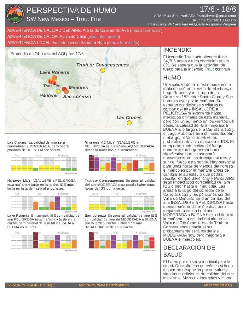 Spanish Smoke Outlook from June 17, 2025, for the Trout Fire.
INCENDIO
El incendio Trout
actualmente tiene24,706 acres y está contenido en un0%. Se espera que la actividad de fuego para el incendio Trout continúe.
HUMO
Una calidad del aire extremadamente mala ocurrió en el Valle de Mimbres, el Lago Roberts y a lo largo de la Carretera 152 entre Santa Clara y San Lorenzo ayer por la mañana. Se esperan condiciones similares decalidad del aire INSALUBRE a PELIGROSA nuevamente hasta mediados o finales de esta mañana, pero con un aumento en los vientos del oeste, la calidad del aire mejorará a BUENA a lo largo de la Carretera 152 y el Lago Roberts hacia el mediodía. Sin embargo, el Valle de Mimbres probablemente solo mejorará a IGS. El comportamiento activo del fuego durante la tarde generará humo significativo que se asentará nuevamente en los drenajes al este y sur del fuego esta noche. Hay potencial para unas horas de vientos del no resteel miércoles por la mañana antes de cambiar al sureste, lo que podríar esultar en que Silver City y Pinos Al tossean impactados con calidad del aireI GS o peor hasta el mediodía. La sáreas a lo largo del corredor de la Carretera 152 y las porciones sur del Valle de Mimbres tendrán calidad del aire INSALUBRE a PELIGROSA hasta media mañana del miércoles, pero mejorarán a calidad del aire MODERADA o BUENA hacia el final dela mañana. La calidad del aire en el Valle del Río Grande desde Truth or Consequences hacia el sur probablemente será borderline MODERADA hoy, pero mejorará a BUENA el miércoles.
DECLARACIÓN DESALUD
El humo puede ser perjudicial para la salud. Consulte con su médico si tiene alguna preocupación por su salud y siga las condiciones de calidad del aire local en el Mapa de Incendios y Humo.