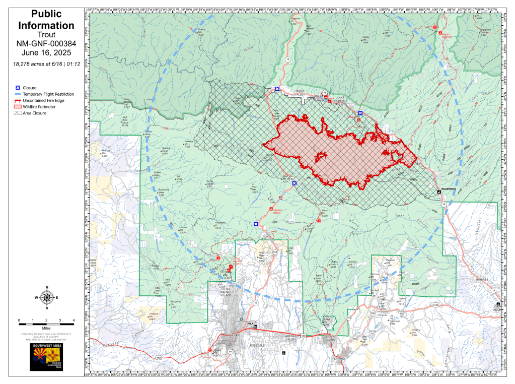 Image is a map with a large portion shaded in hues of green and a large shape outlined in bright red and filled in with light red. A dashed blue line forms a radius around the red shape.