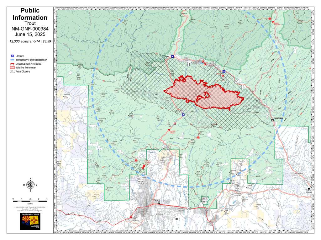 The left side of the image is white with black text and a map legend plus a compass and a logo with a red star and a red Zia symbol on a black background. The majority of the image is a map with the upper majority shaded in mint green and a portion at the center is outlined in red and filled in with a lighter shade of red. A blue dotted circle marks a radius around the red shape.