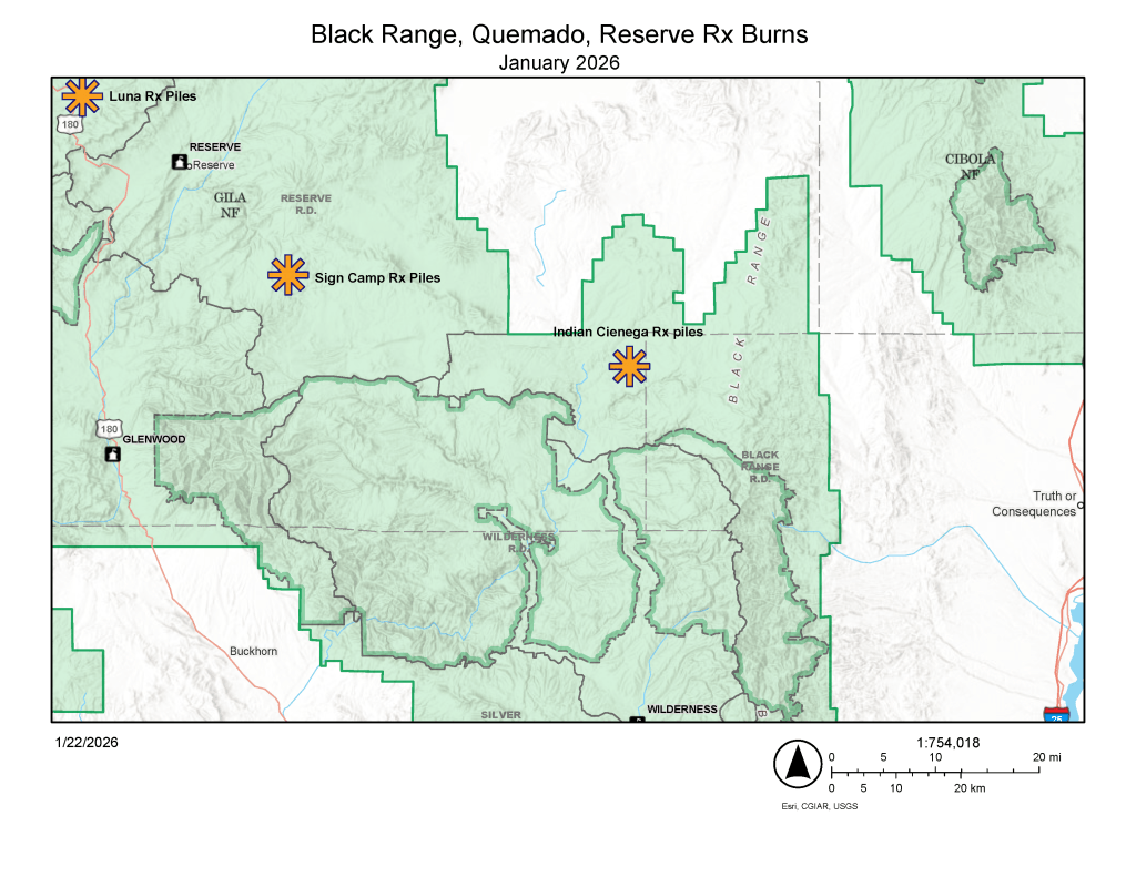 Map showing general locations of planned prescribed burns in Black Range, Quemado, and Reserve Ranger Districts
