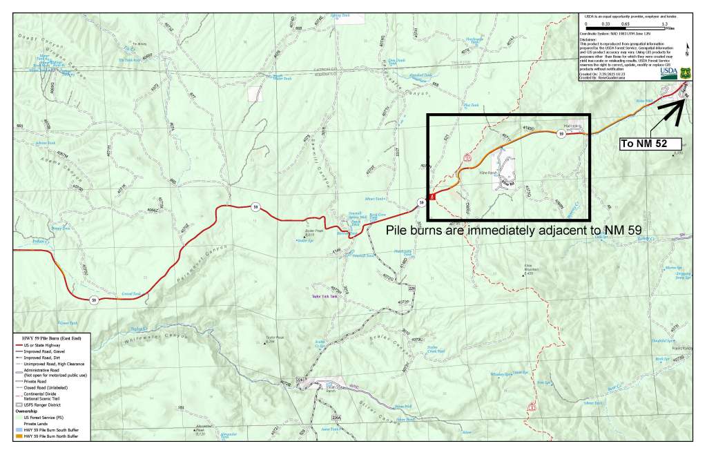 map showing area along NM 59 where the pile burns will happen