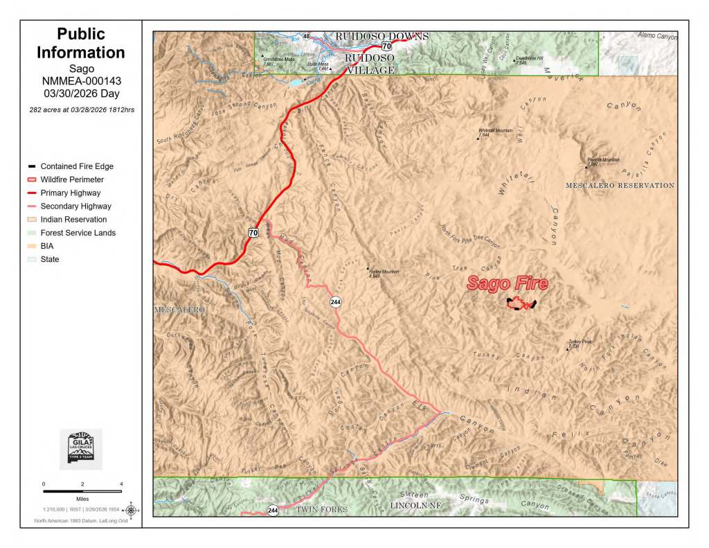 Map showing the Sago Fire area in New Mexico, detailing the wildfire perimeter, highways, Mescalero Apache Reservation, and other land designations.