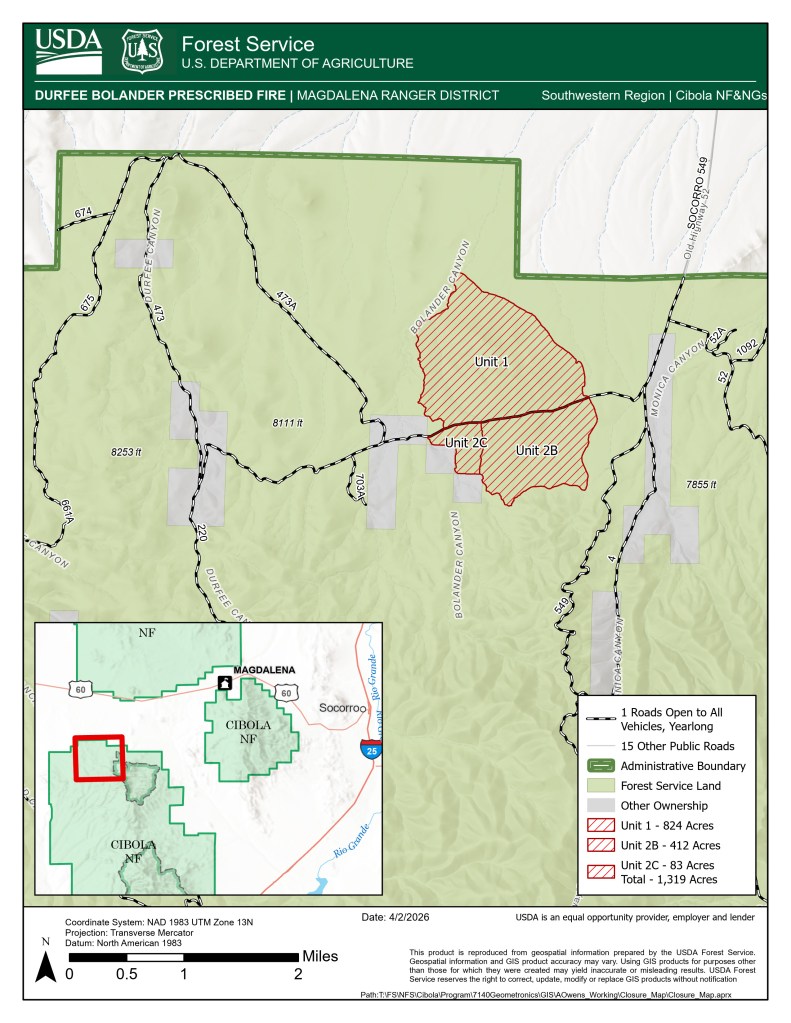 Magdalena Ranger District - Durfee Bolander Prescribed Fire Map - Cibola National Forest & National Grasslands