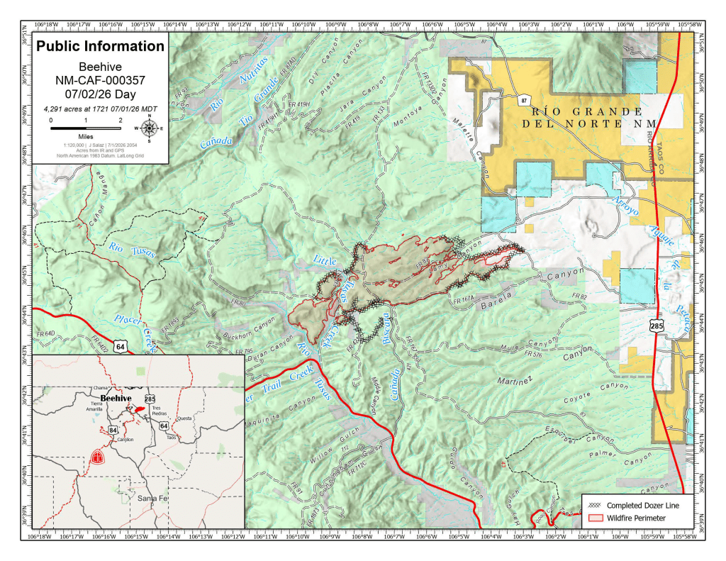 Map of the Beehive Fire in northern New Mexico dated July 2, 2026. The fire perimeter, outlined in red, covers 4,291 acres in the Tusas Valley north of Highway 64 and west of Tres Piedras. Black crosshatched lines indicate completed dozer lines along portions of the fire's northern and eastern edges. An inset map shows the fire's location within New Mexico, and surrounding roads, drainages, and nearby communities, including Rio Grande del Norte, are labeled for reference.