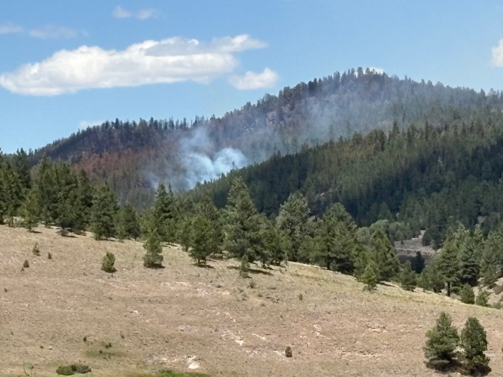 Photo taken at approximately 2 p.m. on the Beehive Fire showing light white smoke rising from within the fire perimeter in a forested area. The surrounding hillsides and trees are visible under blue skies, with smoke resulting from interior fuels continuing to burn within the contained fire area.