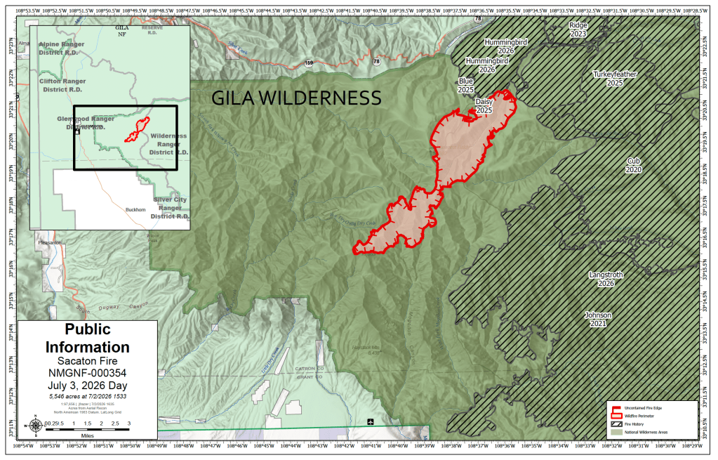 Map showing the Gila Wilderness illustrating the 5,545-acre Sacaton Fire perimeter in red. Past fire scars are shaded.