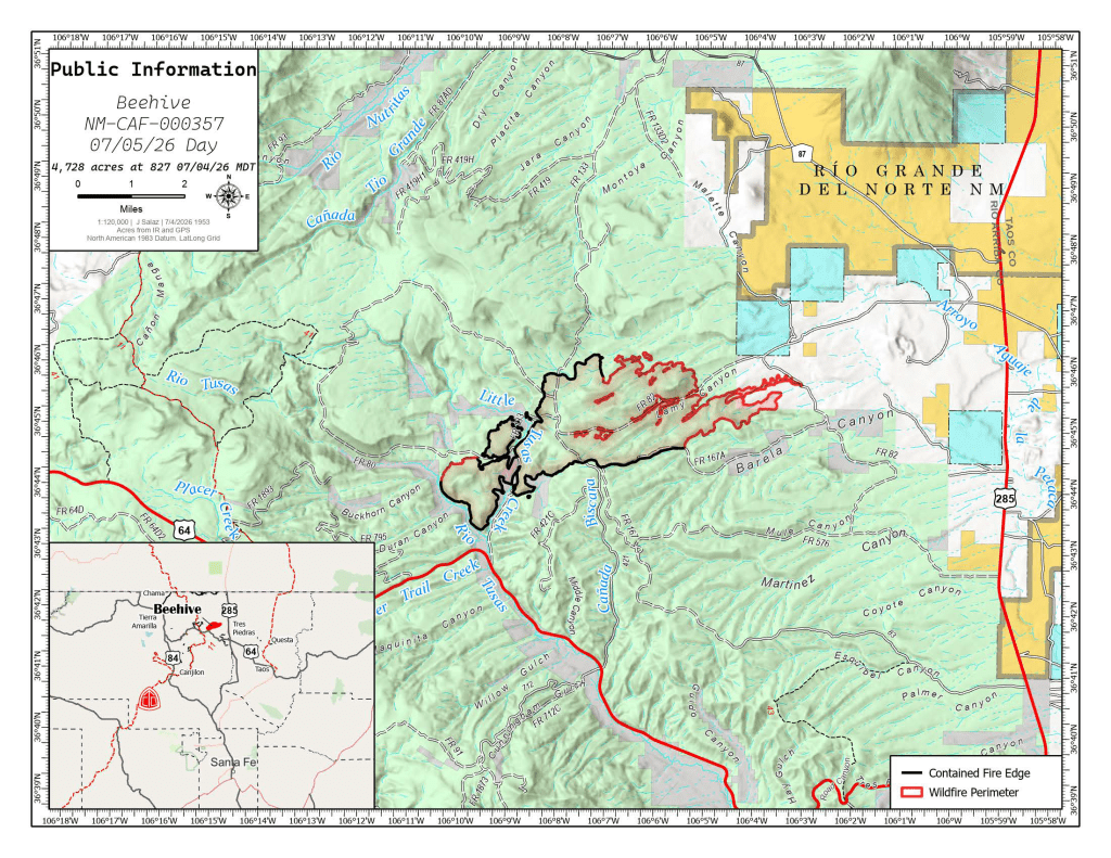 Map of the Beehive Fire in northern New Mexico dated July 5, 2026. The fire is estimated at 4,728 acres. A red outline shows the wildfire perimeter and black lines indicate contained sections of the fire edge, primarily along the western and southern portions of the incident. The map includes nearby roads, drainages and a locator inset showing the fire's location northwest of Santa Fe and west of Taos.
