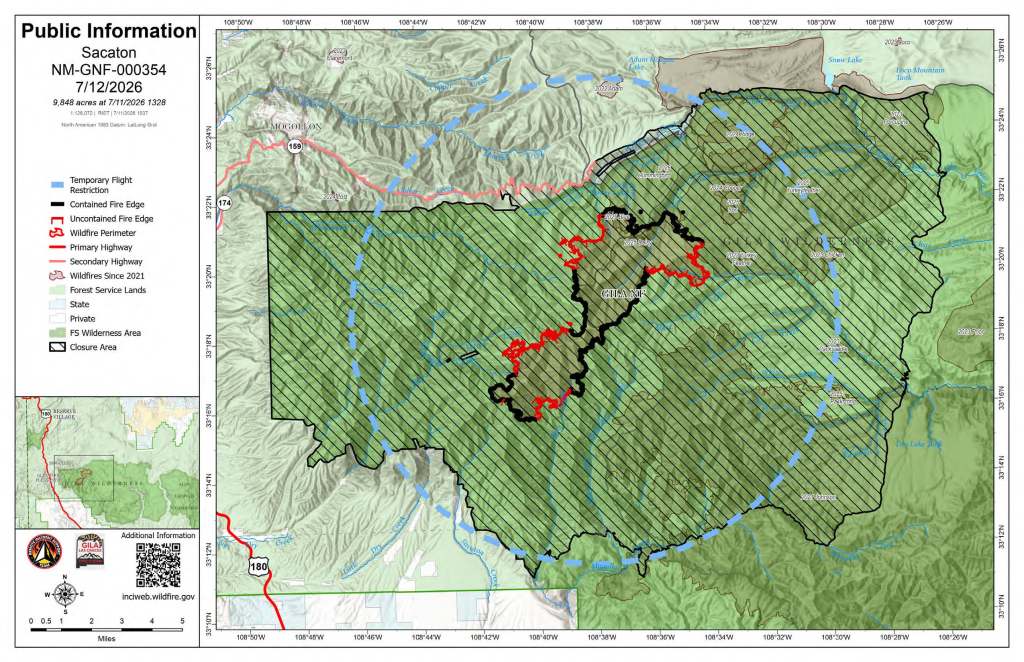 Map shows Gila Wilderness in dark green with the Sacaton Fire footprint in red. Containment is indicated with black line on the fire's edge. The area of the forest that is currently closed is shaded with diagonal lines.