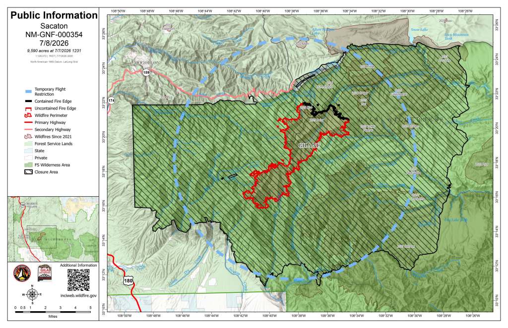 Map shows Gila Wilderness in dark green with the Sacaton Fire footprint in red. Containment is indicated with black line on the fire's edge. The area of the forest that is currently closed is shaded with diagonal lines