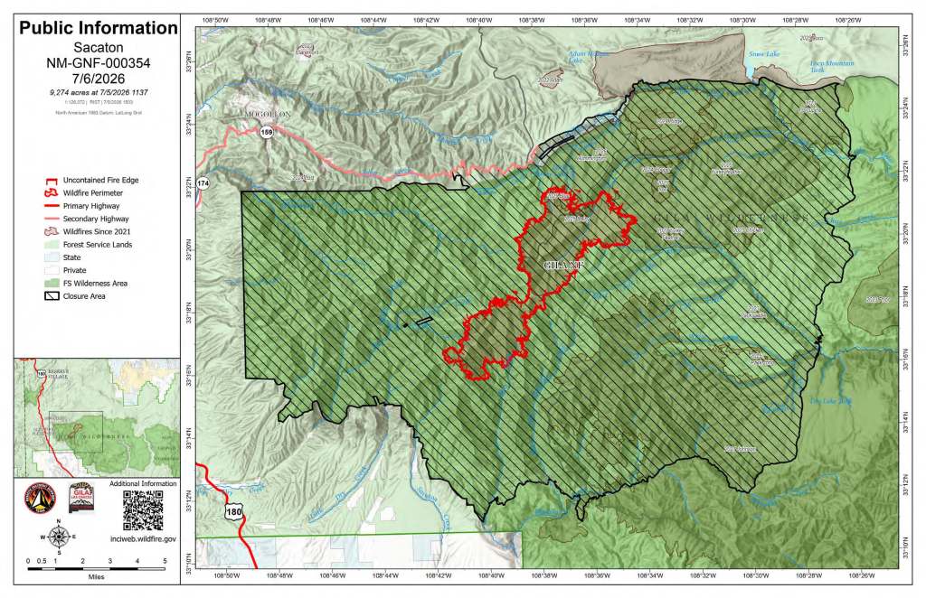 Map shows Gila Wilderness in dark green with the Sacaton Fire footprint in red and the area of the forest that is currently closed is shaded with diagonal lines